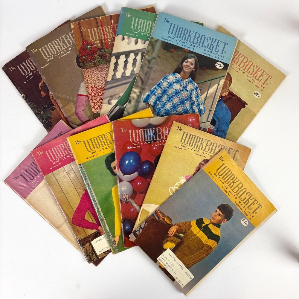 Lot of 12 Vintage The Workbasket Magazine 1969 Full Year Crochet Knit Patterns